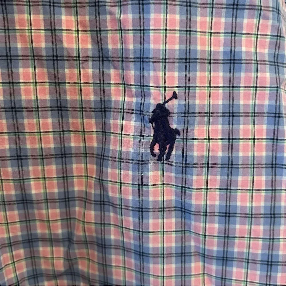 Polo Ralph Lauren Men's L‎ Pink and Blue Plaid Long Sleeve Button Down Shirt